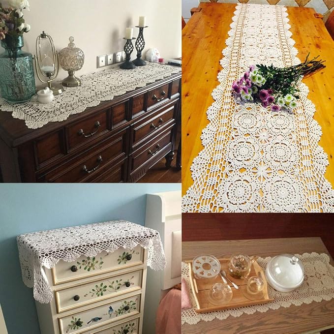 KEPSWET Cotton Handmade Crochet Lace Table Runner Black Rectangle Coffee Table Dresser Decor (14x72 inch)