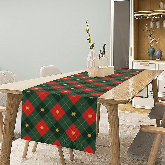 Christmas Table Runner,Green Red Xmas Plaid Table Cloth Kitchen Dining Table Decoration for Home Party Decor 13x108 Inch