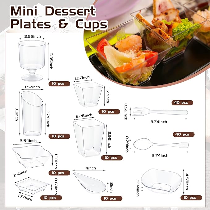 Tessco for you 160 Pcs Mini Appetizer Plates Dessert Cups Spoons Forks Set Dessert Containers Assorted Shape Plastic Parfait Cups Disposable Spoon Forks for Party Serving (Clear)