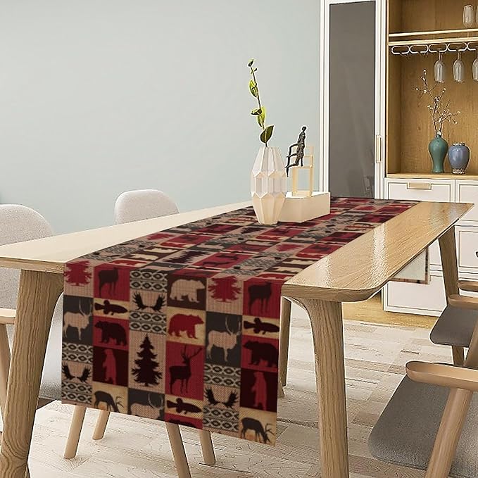 Retro Rustic Bear Table Runner, Wild Bear Cabin Pine Farmhouse Table Runner for Bedroom Kitchen Living Room Vintage Country Style Lodge 13x108 Inch