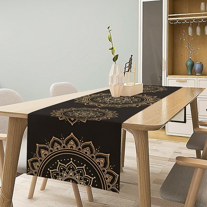 Golden Mandala Table Runner, Traditional Indian Gold Black Flower Vintage Luxury Bohemian Mandala Table Runner for Home Kitchen Dinning Table Indoor Outdoor Holiday, 13x36inch