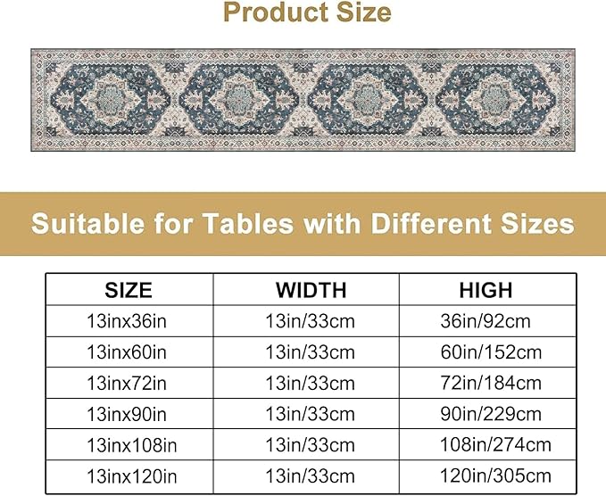 Boho Bohemia Style Table Runner, Vintage Blue Retro Flower Rustic Country Style Floral Print Pattern for Home Kitchen Table Decor Dining Coffee Room Garden Party Decor 13x72in
