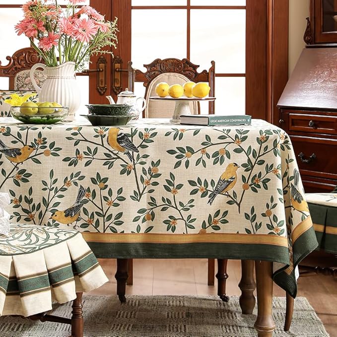 patdrea Designer French Table Cloth for Rectangle Table,Vintage Green Linen Birds and Leaves Pattern Tablecloths,Dacorative Cover Kitchen Dining,Christmas,Thanksgiving,Party,63"x102"-Warbler