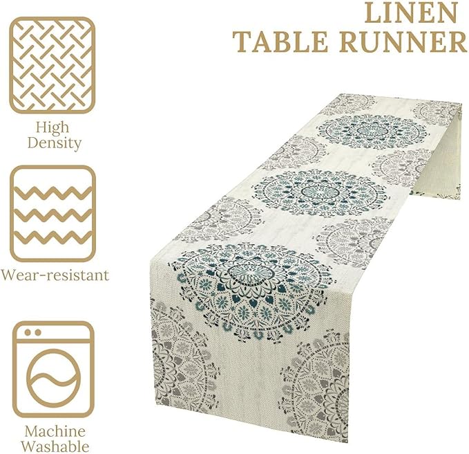 Boho Flower Table Runner, Bohemian Turquoise Mandala White Teal Floral Kitchen Dining Table Runners for Indoor Outdoor Home Party Holiday Decor, 13x70inch