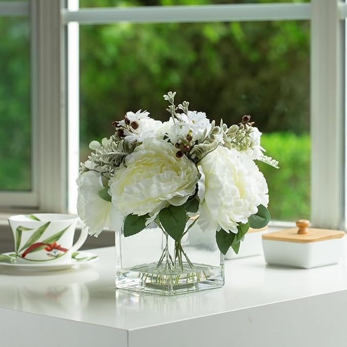 ENOVA FLORAL Artificial Flower Arrangement with Vase,Mixed Artificial Silk Peony Flower in Vase for Decoration Home Office, Wedding Centerpiece (Cream)