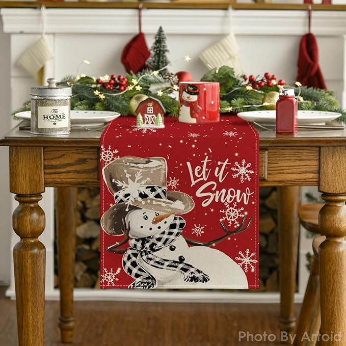 Artoid Mode Red Snowman Snowflake Let it Snow Winter Table Runner, Seasonal Christmas Kitchen Dining Table Decoration for Home Party Decor 13x120 Inch