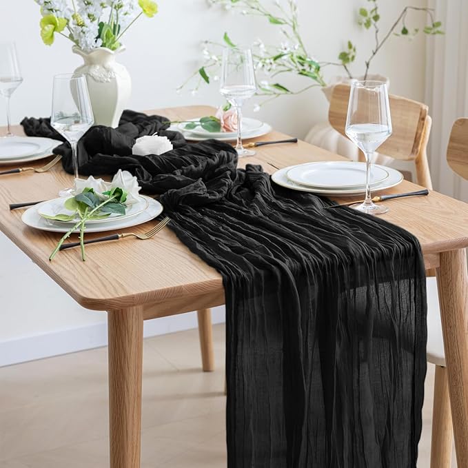 Asee'm Cheesecloth Table Runner 120 Inches Long Black Boho Gauze Cheese Cloth Runner 10FT Rustic Sheer Fall Table Runners for Thanksgiving Wedding Party Baby Shower Decoration