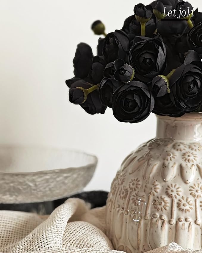 Letjolt Ranunculus Artificial Flower 18 Pcs Black Silk Ranunculus Wedding Bouquet Engagement Centerpieces Arrangements Bridal Shower Decorations Home Decor, Black
