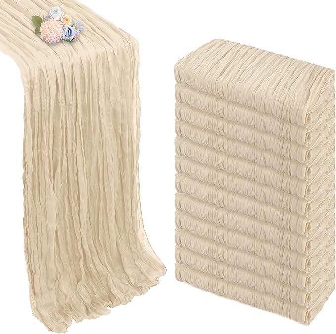 12 Pack Beige Cheesecloth Fall Table Runner 10ft Boho Gauze Fabric Cheese Cloth Table Runner 35 x 120 Inch Rustic Sheer Runner for Thanksgiving Wedding Decor Baby Shower Party Centerpiece Decoration