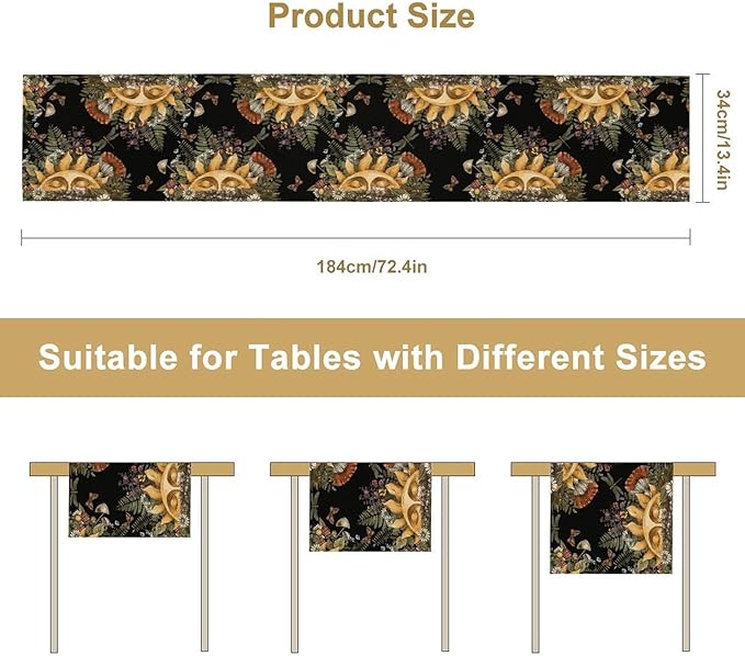 Sun Moon Table Runner, Bohomian Mushroom Daisy Table Gothic Dragonly Butterfly Table Center Decor Table Runner for Indoor Outdoor Party Kitchen Dinner Black, 13x70 Inch