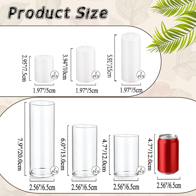 UDU Set of 6 White Pillar Candles and 6 Glass Cylinder Vases Hurricane Holders, Slim Pillar Candle Holder, Cylinder Vases for Centerpieces Wedding Table Party Home Decor(2.6" X 4.7", 5.9", 7.9")