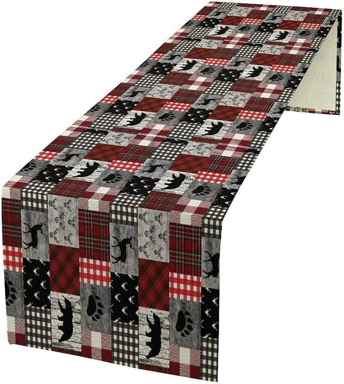 Rustic Farm Table Runner,Vintage Woodland Deer Bear Animal Buffalo Plaid Print Tablecloth Burlap for Hotel Indoors Outdoor Dining Room Kitchen Home Decor,W13X L70 in