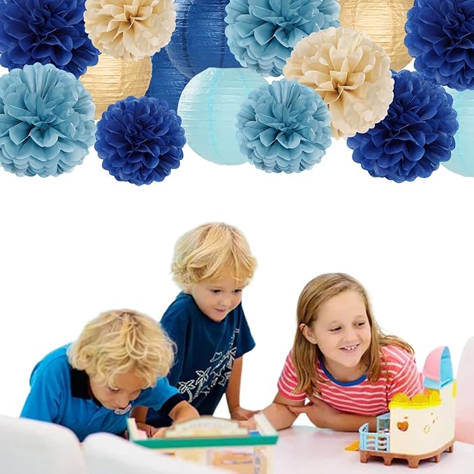 Dusty-Navy Blue Champagne-Gold Paper-Flowers Lanterns - 15pc Christmas Graduation Party Decorations Tissue Pom Poms Streamers,Birthday Bachelorette Bridal Baby Shower Engagement Wedding Decor Panduola