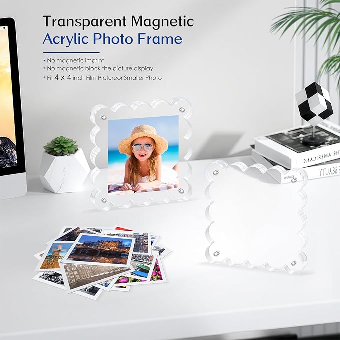 Acrylic Magnetic Picture Frames 4x4-2Pack Clear Freestanding Photo Frame.Double-Sided Scalloped Edges, 10+10mm Thick Block, for Modern Desktop Display &Perfect for Gifts (2 Pack, 4X4)