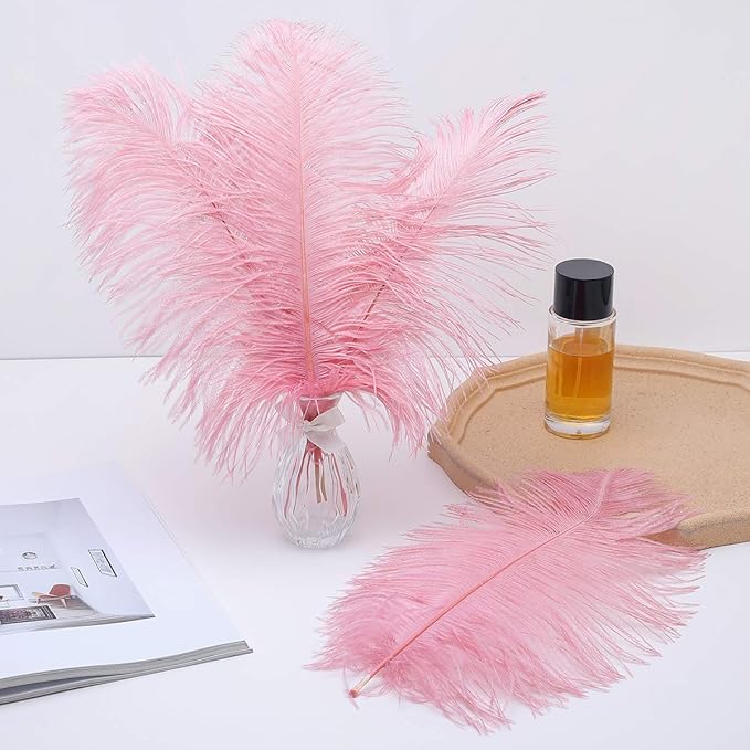 12pcs Natural Lotus Pink Ostrich Feathers 12-14inch (30-35cm) for Wedding Party Centerpieces，Flower Arrangement and Home Decoration.