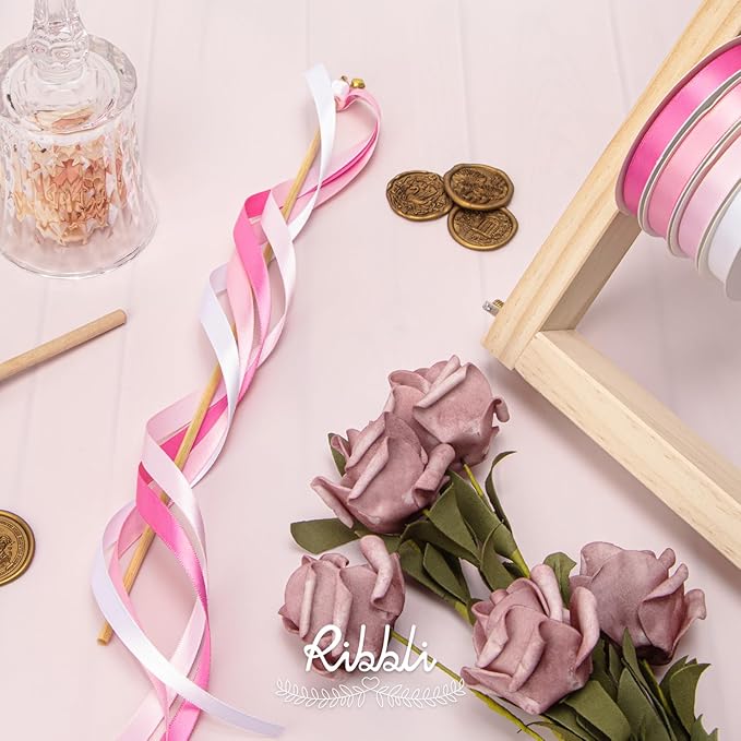 Ribbli Pink Satin Ribbon 3/8 Inch x 4 Rolls Total 40 Yards- White Pink Ribbon for Gift Wrapping Craft Wedding Decoration