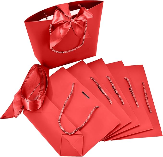 HUAPRINT Gift Bags with Handles,7.48×3.54×7.9 inches,Party Favor Bags with Bow Ribbon,12Pcs Red Paper Bags for Birthday Wedding Bridesmaid Holiday Valentine's Day