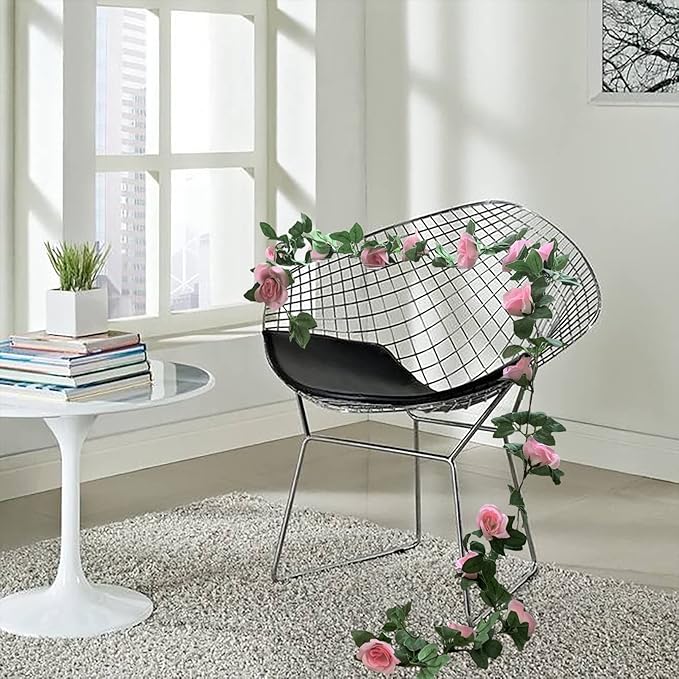 2 Pack Artificial Rose Vine Garland Fake Roses Flowers Plants Vines Hanging Floral Leaves Decoration for Wedding Party Table Garden Arch Wall Home Room Decor(Pink)