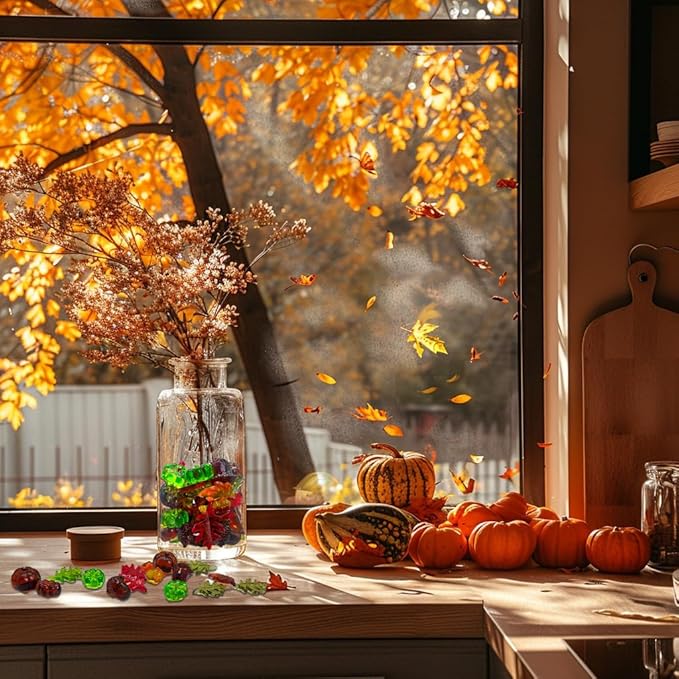HappyFiller Fall Thanksgiving Autumn Harvest Decoration 135 Pcs Sensory Bin Filler,Small Acrylic Pumpkins,Acorns,Leaf Beads,Table Scatters Gems,Vase Fillers,Home Accents,Brown Yellow Orange Green Mix