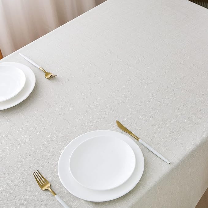 NLMUVW White Linen Tablecloth - Water Resistant Rectangle Textured Table Cover Farmhouse Decorative for Cafe Dining Card Kitchen, 54 x 140 Inch