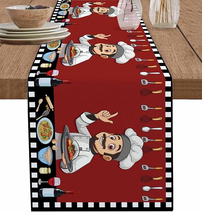 Red Chef Gourmet Cotton Linen Table Runner for Dining Kitchen, Wedding Outdoor Party Tablerunners Decoration, Black White Check Plaid Funny Kitchen Dresser Scarf Coffee Tablecloth Runners 13''x120''