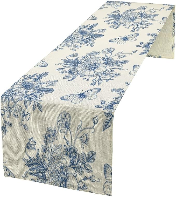Monochrome Sketch Flowers Table Runner, Seasonal Spring Fall Plants Blue Florals Butterfly Dinner Runner for Home Kitchen Dining Table Party Holiday Decoration 13"x120"