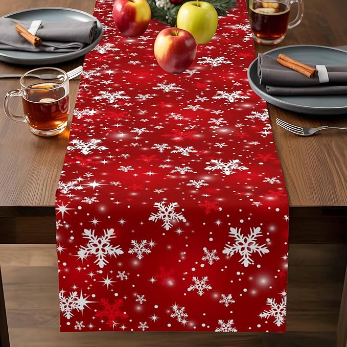 Christmas Snowflakes Cotton Linen Table Runner for Dining Kitchen, Red Xmas Winter Snow Wedding Outdoor Party Tablerunners Decoration, New Year Dresser Scarf Coffee Tablecloth Runners 13x120 Inches