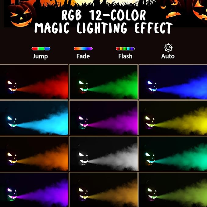 Fog Machine with LED RGB Lights, 800W Halloween Fog Machine with Remote Control, Pumpkin Smoke Machine 12 Colors Lighting Effect for Halloween Band DJ Show Club Outdoor Camping, 3 Pack