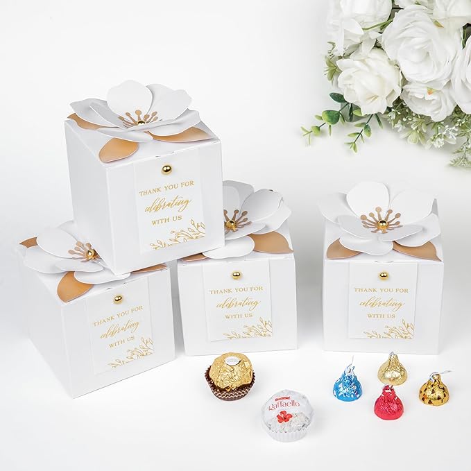 FEIYI 20 PCS White Gift Boxes, 3 In 1 Favor Boxes with Floral Decor, White Thank You Tags Cupcake Containers Gift wrapping for Wedding, Baby Shower, Birthday, Decorations Party - 3.55x3.55x3.55