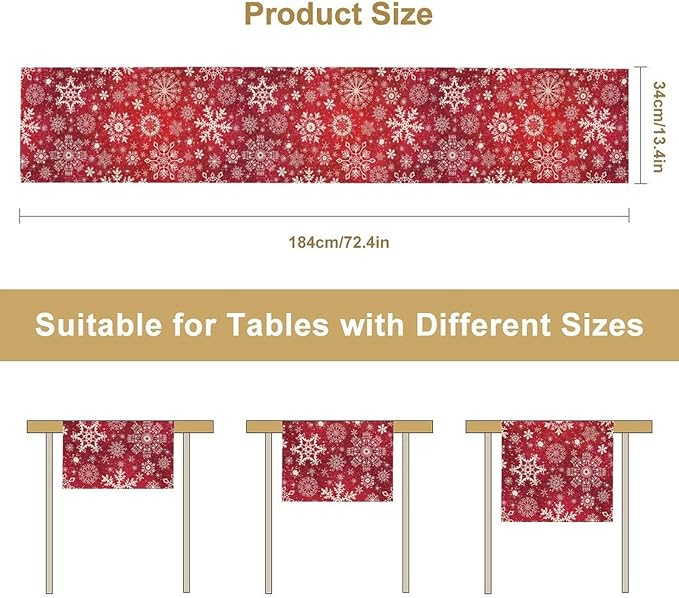 Snowflakes Christmas Table Runner, Winter Holiday Red Table Cloth Kitchen Dining Table Decoration for Home Party Decor 13x60 Inch