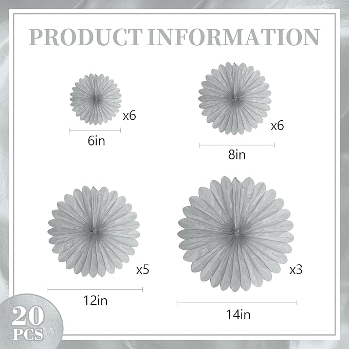 20 Pcs Silver Grey Hanging Paper Fan, Hanging Honeycomb Round Paper Fans for Weddings, Birthdays, Christmas, Baby Showers, Classroom, Events Ceiling Party Supplies Decorations