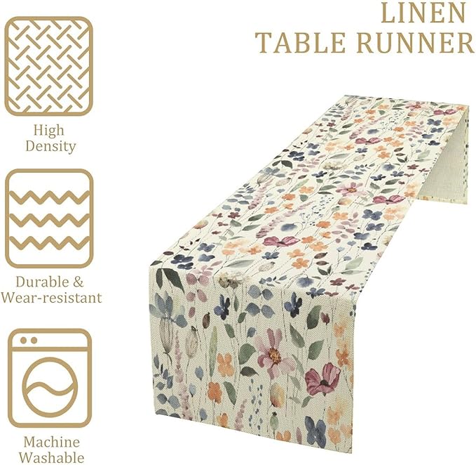 Watercolor Floral Table Runner, Vintage Colorful Floral Natural Style Pattern Decorative Home Restaurant Kitchen Rectangle Table Runner,13in（33cm） W * 72in（184cm） L