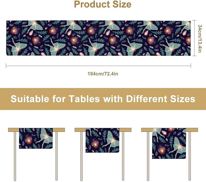 Moth Table Runner, Retro Boho Aesthetic Blue Moth Magic Table Runner for Home Kitchen Dining Party Indoor Outdoor Decoration 13x90 Inch