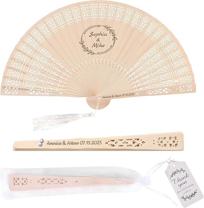 100 PCS Custom Fans Personalized Folding Fans for Line Dancing Wooden Hand Fan Wedding Favors Bulk Fans for Guests Party Event Use (Style14)