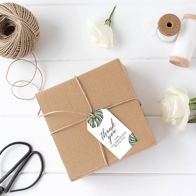Andaz Press 100-Pack Thank You for Celebrating with Us Favor Tags Tropical Monstera Leaves Cardstock Gift Tags with Bakers Twine for Wedding Baby Shower Bridal Shower Party Favors 2 x 3.75-Inches