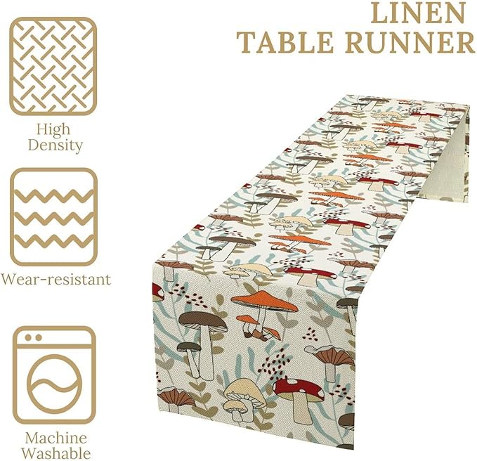 Mushroom Table Runner, Vintage Nature Plant Table Runner for Farmhouse Kitchen Dining Table Decoration for Home Party Decor 13x36 Inch