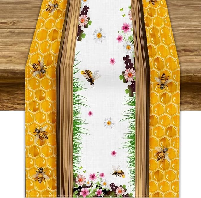 Watercolor Honeycomb Table Runner, Farmhouse Spring Summer Autumn Fall Floral Daisy Bee Print Kitchen Dining Table Decoration for Home Party Decor, 13x36inch