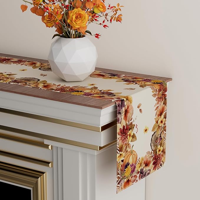 XCHI Fall Color Wild Flowers Watercolor Table Runner Table Decoration for Kitchen Dining Dinner Autumn Home Decor 13x120 Inch