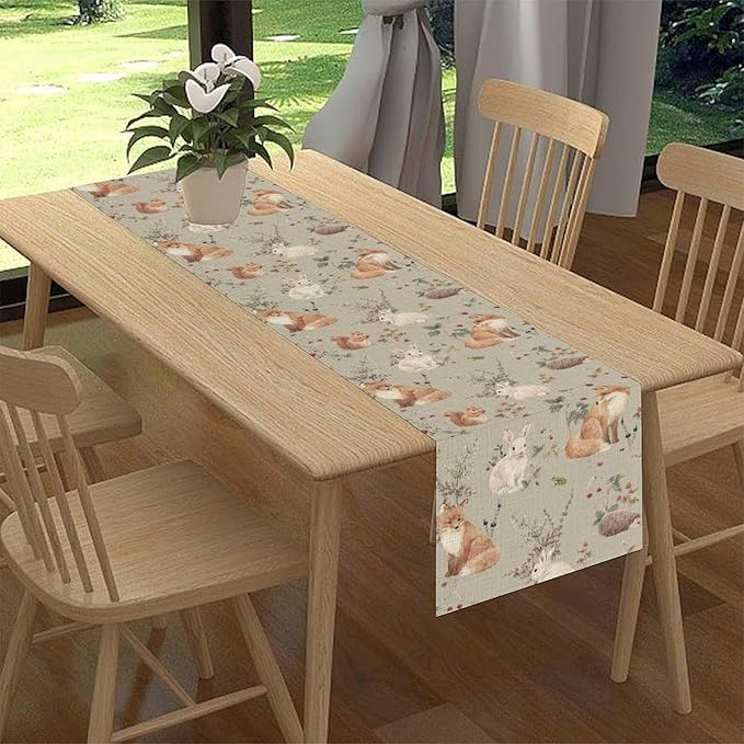 Rustic Woodland Table Runner, Farmhouse Forest Animals Country Lodge Wild Hunt Deer Rabbits Table Center Decor for Home Kitchen Dining Patio Holiday Party Indoor Table Decorations, 13"x108" Inch