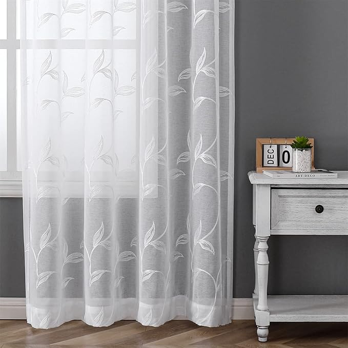 VISIONTEX White Sheer Voile Curtains, Decorative White Embroidery Faux Linen Rod Pocket Window Drapes for Home Kitchen, Living Room and Bedroom 54 x 95 Inch, Set of 2 Curtain Panels