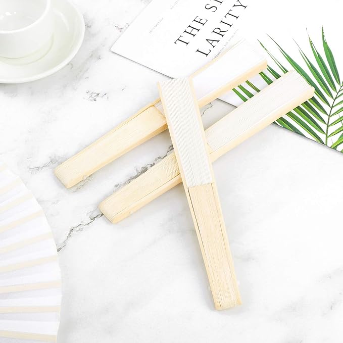 URATOT 24 Pieces White Folding Fans Silk Bamboo Folding Fans Handheld Fan for Wedding, Party Decoration