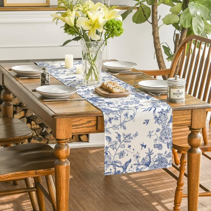 Artoid Mode Monochrome Sketch Birds and Flowers Spring Table Runner, Seasonal Summer Fall Kitchen Dining Table Decoration for Home Party Decor 13x48 Inch