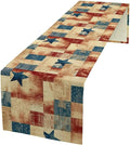 4th of July Table Runner, Rustic Vintage Country Red White Blue American Stars Independence Day Print Table Cover for Farmhouse Kitchen Dining Table Decor, 13x108inch
