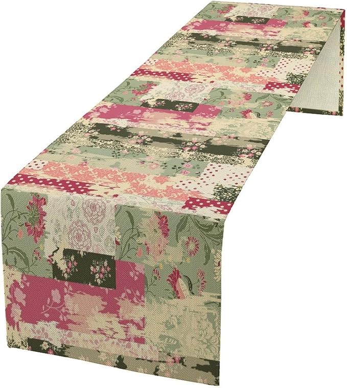 Patchwork Flower Table Runner,Abstract Colorful Floral Retro Style Hand Drawn Tablecloth Burlap for Hotel Indoors Outdoor Dining Room Kitchen Home Decor,W13X L90 in