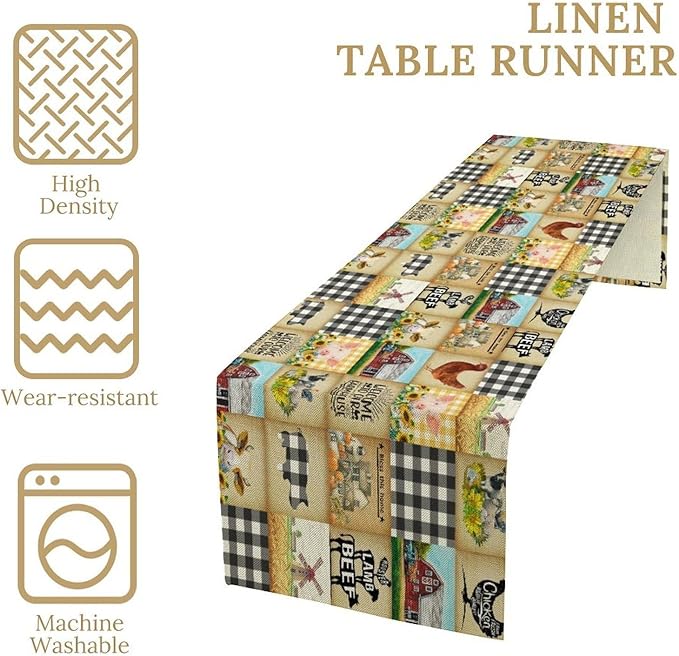 Farmhouse Animals Table Runner,Rustic Cabin Pig Chicken Cow Sunflowers Geometric Grids Burlap for Hotel Indoors Outdoor Dining Room Kitchen Holiday Party, 13x90in