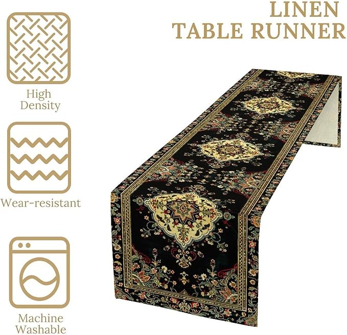 Colorful Boho Flower Table Runner, Vintage Rustic Farmhouse Paisley Hand Drawing Print Pattern for Home Kitchen Table Decor Dining Coffee Room Garden Party Decor 13x60in