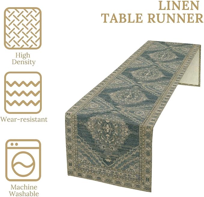 Boho Floral Vintage Table Runner, Blue Teal Retro Flower Rustic Country Farmhouse Pattern for Home Kitchen Table Decor Dining Coffee Room Party Decor 13x36in