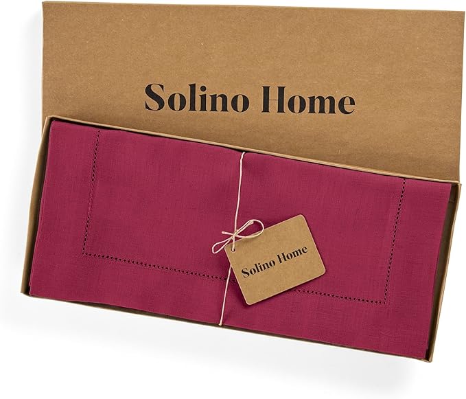 Solino Home Linen Table Runner 60 Inches - 100% Pure Linen Beet Hemstitch Table Runner 14 x 60 Inch Ideal for Dresser and Coffee Tables - Fall, Thanksgiving, Christmas, Holiday - Classic Hemstitch