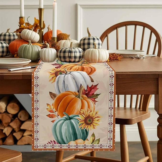 Fall Thanksgiving Southwest Cotton Linen Table Runner for Dining Kitchen, Orange Pumpkins Wedding Outdoor Party Rustic Tablerunners Decoration, Sunflower Dresser Scarf Tablecloth Runners 13x72 Inches
