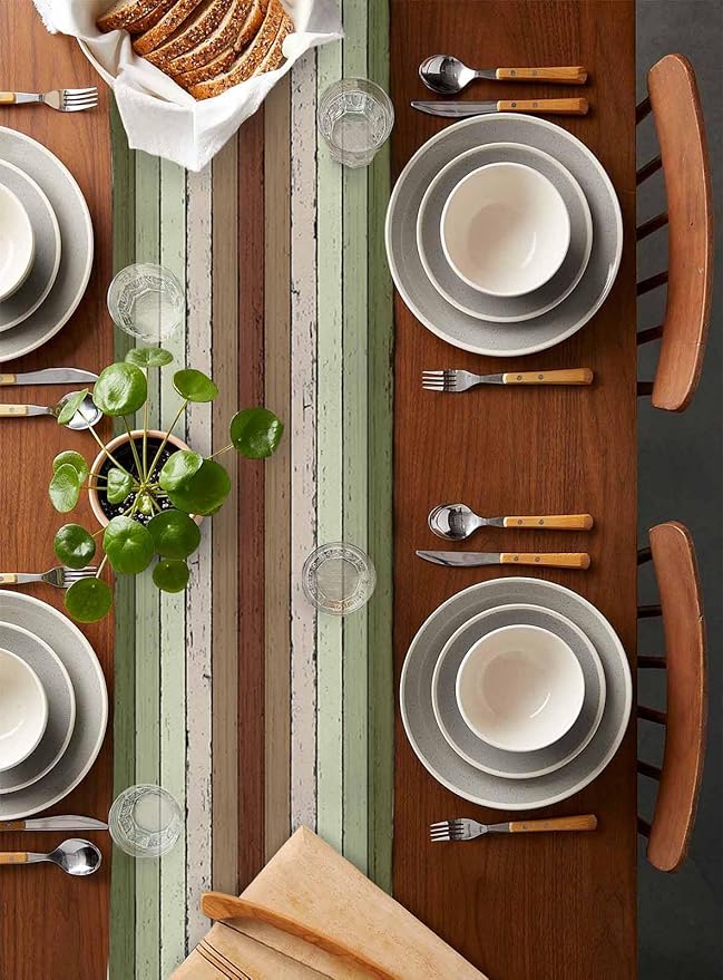 Sage Green Wooden Cotton Linen Table Runner for Dining Kitchen, Wedding Outdoor Party Tablerunners Decoration, Vintage Country Retro Distressed Grain Dresser Scarf Coffee Tablecloth Runners 13''x72''